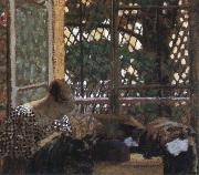 Edouard Vuillard woman sewing before a garden oil